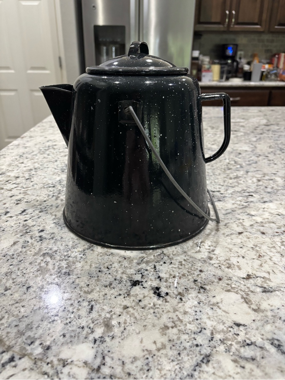 Vintage Enamelware Cowboy Coffee Pot  Speckled Camping Kettle 10” Tall